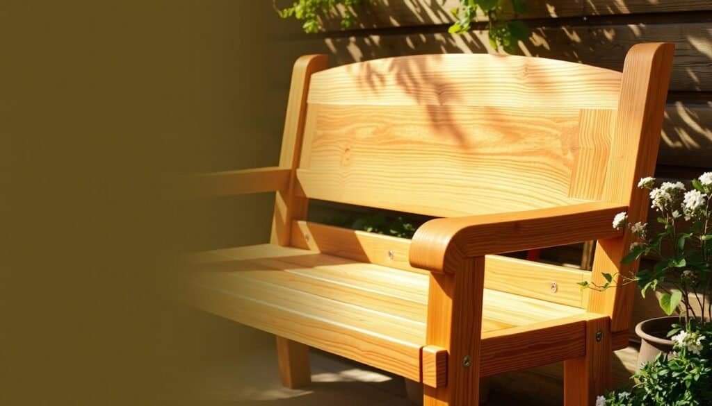 Detailed wooden bench plans from the workshop of The Sawdust Man. A rustic, hand-crafted design in natural oak wood, showcasing the beauty of the grain. The bench is illuminated by warm, ambient lighting, casting a cozy glow. Precisely crafted joints and carefully sanded surfaces create a smooth, polished look. The bench is positioned in a tranquil outdoor setting, surrounded by lush greenery and delicate potted plants. Soft shadows from the overhead sun add depth and dimension. This inviting piece embodies the charm of traditional woodworking, perfect for a relaxing backyard nook.