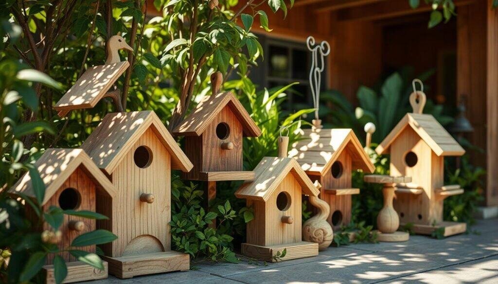 Detailed wooden birdhouses and feeders, handcrafted from natural materials, nestled amidst lush greenery on a cozy patio. Smooth, weathered textures, warm-toned woods, and organic shapes create a charming, nature-inspired scene. Sunlight filters through the leaves, casting soft shadows and highlighting the intricate designs. The layout is well-balanced, with the birdhouses positioned at different heights to accommodate various bird species. A sense of tranquility and birdwatcher's delight pervades the composition, inviting viewers to imagine the flutter of wings and melodic chirps.