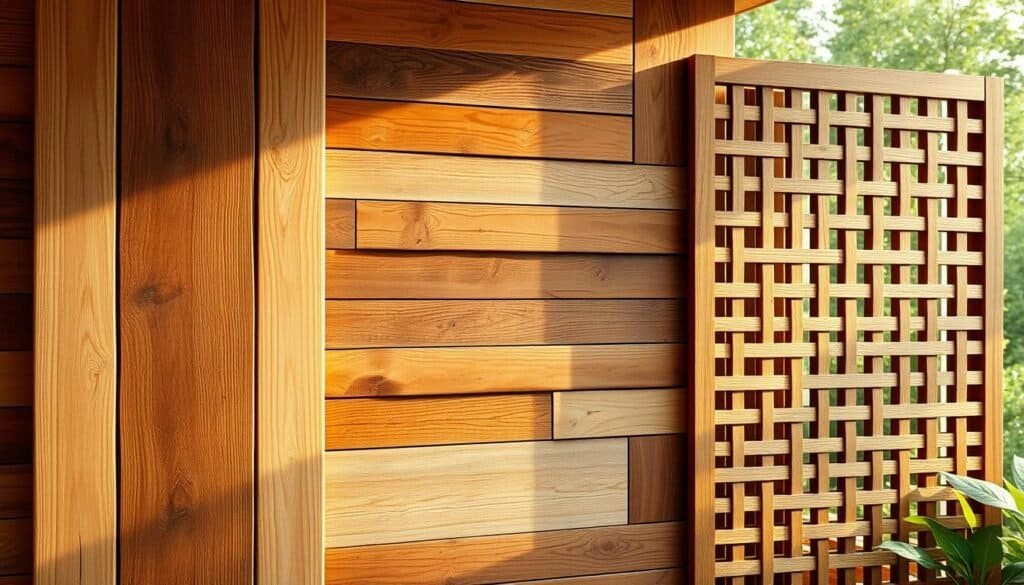 Detailed wooden wall panels in a warm, natural setting. A harmonious arrangement of various textured wood elements, including sleek boards, rustic planks, and intricate wooden lattices. Diffused natural lighting casts a soft, golden glow, accentuating the organic grains and tones of the materials. The layout is carefully composed, creating a balanced, calming aesthetic that evokes a sense of tranquility. The wooden wall serves as a focal point, seamlessly integrating with the surrounding environment to craft a serene, nature-inspired ambiance.