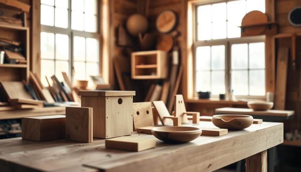 Detailed wooden workbench in a well-lit home workshop, showcasing an assortment of simple, handcrafted wooden accents and small furniture pieces. Soft natural lighting from windows casts a warm glow, highlighting the organic textures and tones of the raw wood. Minimalist, Scandinavian-inspired design with clean lines and minimal ornamentation. The items include a small side table, a simple wall-mounted shelf, and a wooden bowl or trinket dish. Composition emphasizes the handmade quality and rustic charm of these DIY home decor pieces.