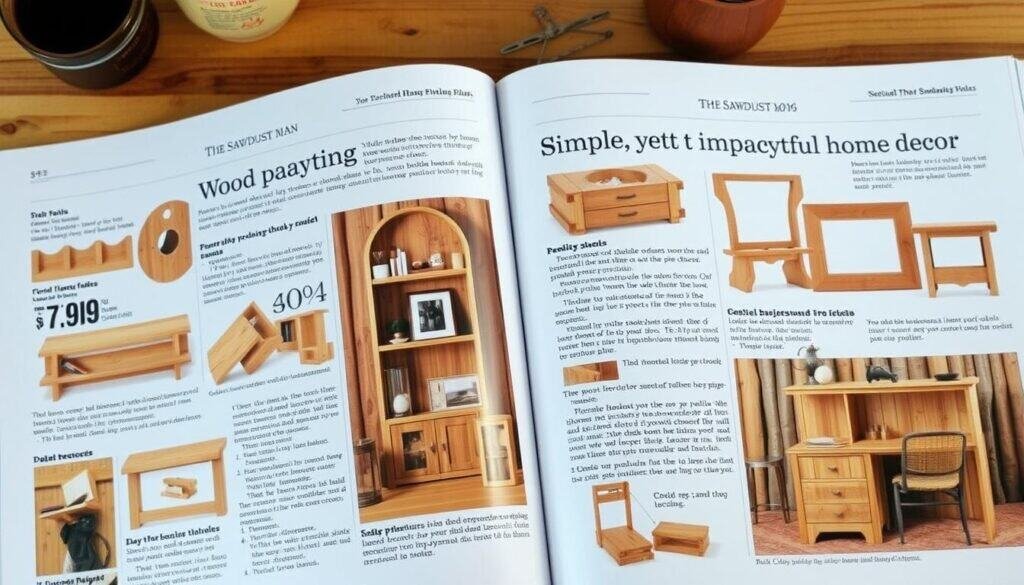 Detailed woodworking plans by "The Sawdust Man" showcasing simple, yet impactful home decor projects. Neatly organized pages display various wooden items like shelves, picture frames, and small furniture. Warm lighting illuminates the natural wood grain textures, highlighting the artisanal craftsmanship. A clean, realistic style evokes a cozy, rustic ambiance. Carefully composed layout emphasizes the step-by-step guides, drawing the viewer's attention to the accessible, DIY-friendly nature of these designs. The overall tone conveys a sense of pride and satisfaction in creating personalized, functional pieces to transform one's living space.