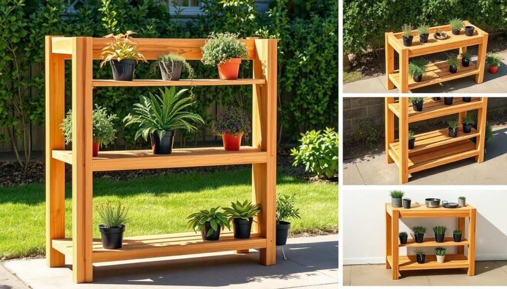 Detailed woodworking plans for a DIY outdoor plant stand, showcased in natural light. Sturdy wooden frame with open shelving units, designed for potted plants and herbs. Smooth, sanded surfaces in warm, earthy tones. Carefully arranged plants and greenery accentuate the rustic, handcrafted aesthetic. Minimal decorative elements allow the craftsmanship to shine. Soft shadows and highlights create depth and dimensionality. High-resolution, photographic quality capturing the step-by-step construction process from various angles.