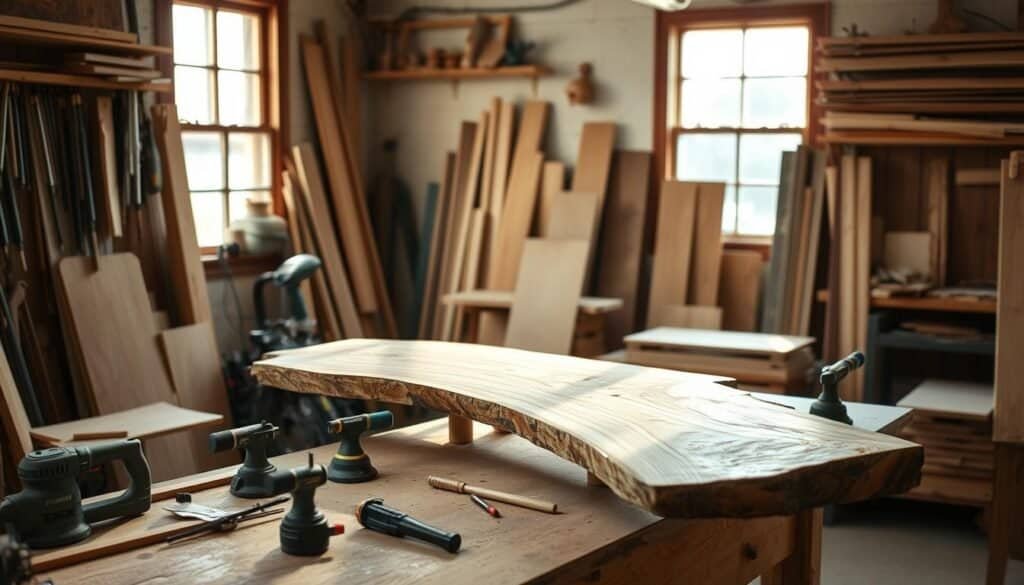 Detailed workshop filled with DIY tools, wooden boards, and a live edge shelf in progress. Soft natural lighting from windows illuminates the scene, casting warm shadows. The shelf's organic shape and raw wood grain create a rustic, handcrafted aesthetic. Workbench in the foreground holds various woodworking implements - saws, sanders, chisels. Clamps and measuring tools nearby, suggesting a methodical, step-by-step process. Mid-ground features the shelf construction, with the unfinished slab propped up, ready to be trimmed and sanded. Background showcases a tidy, organized workshop space, hinting at the care and skill of the DIY artisan.
