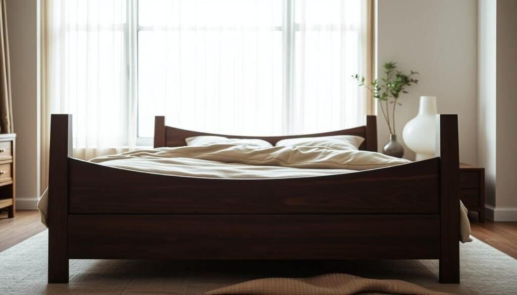 Elegant and inviting dark wood bed frames captured in a warm, cozy bedroom setting. Smooth, richly-grained hardwood headboard and footboard frames with clean lines and subtle details. Plush, textured bedding in muted tones complements the wood tones. Soft, diffused lighting from a large window casts a gentle glow, creating an atmosphere of tranquility and relaxation. The frame is positioned at a slight angle, lending a sense of depth and perspective. Overall, a harmonious and welcoming scene that evokes a sense of comfort and serenity. Elegant and inviting dark wood bed frames captured in a warm, cozy bedroom setting. Smooth, richly-grained hardwood headboard and footboard frames with clean lines and subtle details. Plush, textured bedding in muted tones complements the wood tones. Soft, diffused lighting from a large window casts a gentle glow, creating an atmosphere of tranquility and relaxation. The frame is positioned at a slight angle, lending a sense of depth and perspective. Overall, a harmonious and welcoming scene that evokes a sense of comfort and serenity.