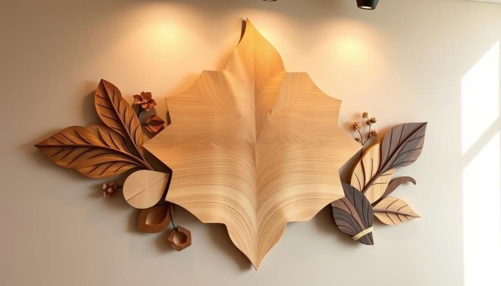 Elegant handcrafted wooden wall art, featuring intricate carved patterns and a natural, rustic aesthetic. A large, central focal piece made of warm-toned maple, with subtle variations in the wood grain texture. Complemented by smaller, abstract shapes and organic silhouettes in complementary shades of oak, birch, and walnut. Softly lit from above, casting gentle shadows that accentuate the depth and dimensionality of the display. The arrangement is positioned against a muted, earthy background, allowing the natural beauty of the wood to take center stage. Radiating a sense of calm, grounded energy and bringing the soothing essence of the outdoors into any interior space.