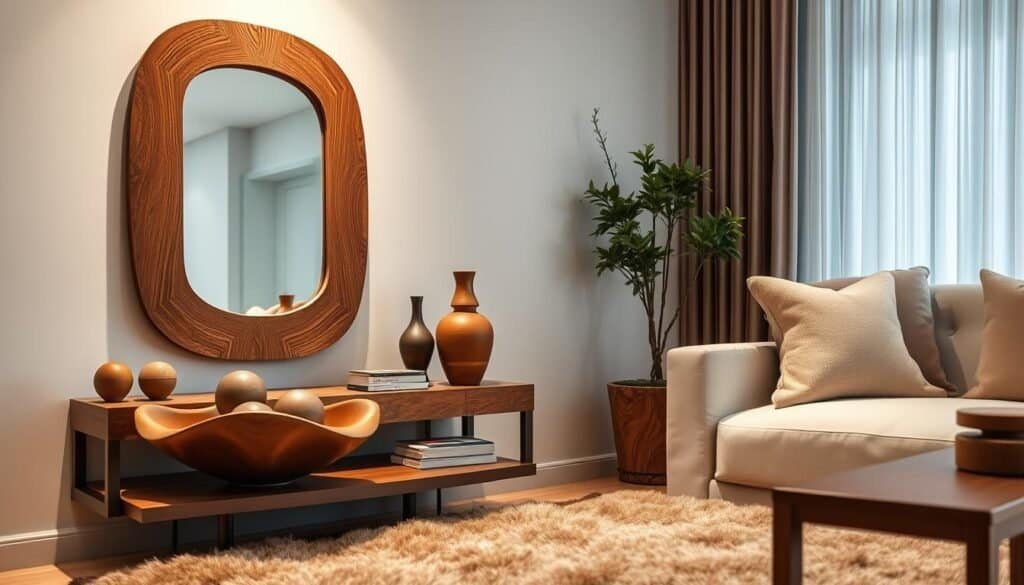 Elegant living room showcasing warm, natural wood accents. Soft lighting illuminates a beautifully crafted wood-framed mirror, its intricate grain patterns casting a gentle glow. On the nearby side table, a sculpted wooden bowl holds decorative spheres, complementing the rich tones. In the foreground, a plush area rug grounds the scene, its earthy tones and organic textures echoing the wooden elements. Carefully curated accessories, such as a wooden candleholder and a small potted plant, add layers of visual interest. The overall atmosphere is one of refined sophistication and harmonious integration of natural materials.