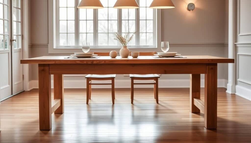 Elegant natural wood dining table with a smooth, warm-toned surface, crafted from high-quality oak or maple. The table is positioned in a well-lit, inviting room with large windows that allow natural light to flood the space. Soft, diffused lighting from overhead fixtures casts a cozy glow, creating an intimate and relaxing ambiance. The table is topped with a simple, minimalist arrangement of tableware, complementing the rustic yet refined aesthetic. The background features subtle, neutral-toned walls and a hardwood floor, allowing the natural beauty of the table to take center stage.