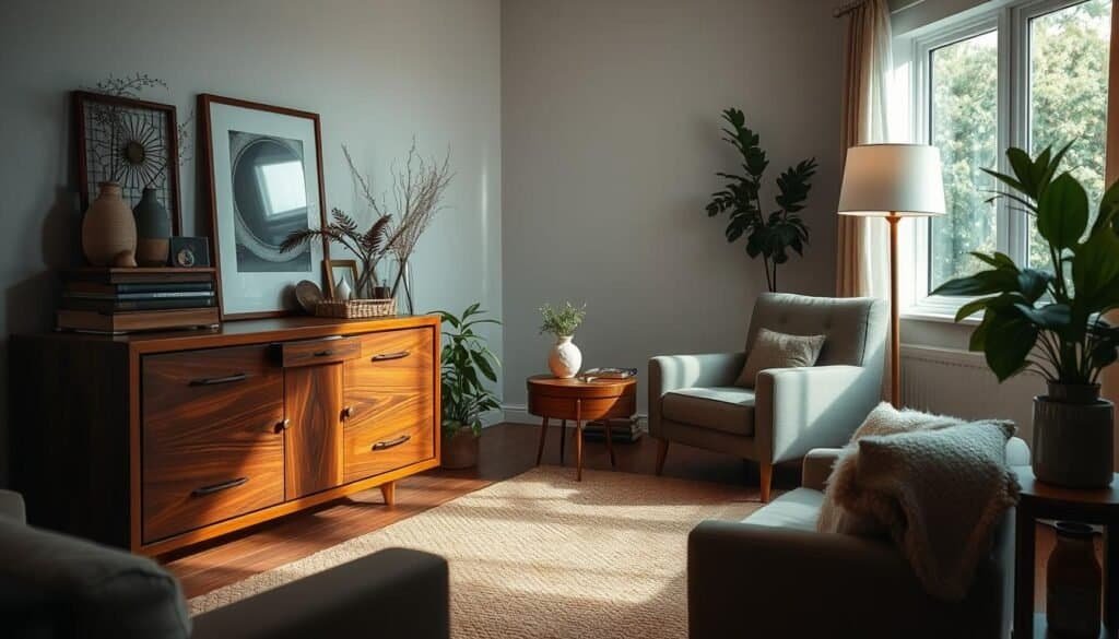 Elegant upcycled living room furniture in a cozy, well-lit interior. Refined wooden dresser and side table refinished with intricate woodworking details, complemented by plush armchair and warm, textured rug. Soft, directional lighting illuminates the space, casting a inviting, relaxing ambiance. Mid-century modern accents and natural decor elements create a harmonious, stylish atmosphere.