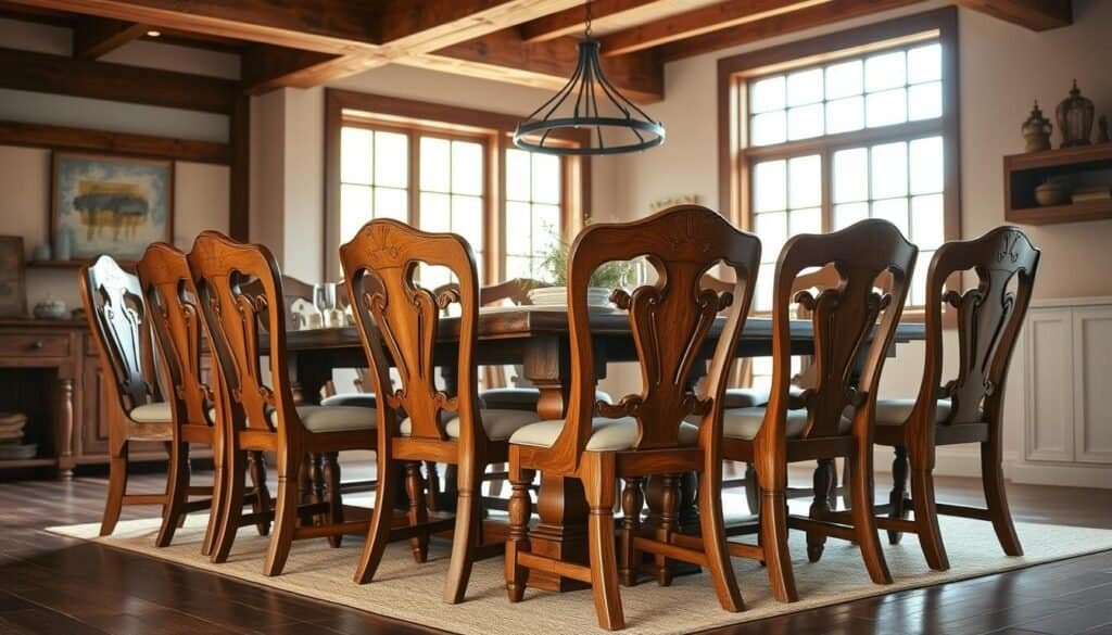 Elegant wooden dining chairs arranged around a rustic farmhouse-style table, bathed in warm, natural lighting from large windows. The chairs feature intricate carved details, smooth oak or walnut finishes, and plush upholstered seats for a cozy, inviting aesthetic. The scene captures the beauty and craftsmanship of handmade furniture, perfectly complementing a cozy dining room with exposed beams, pendant lights, and earthy accents. Photographed at a medium angle to showcase the chairs' profiles and texture, creating an atmosphere of timeless comfort and refined style.