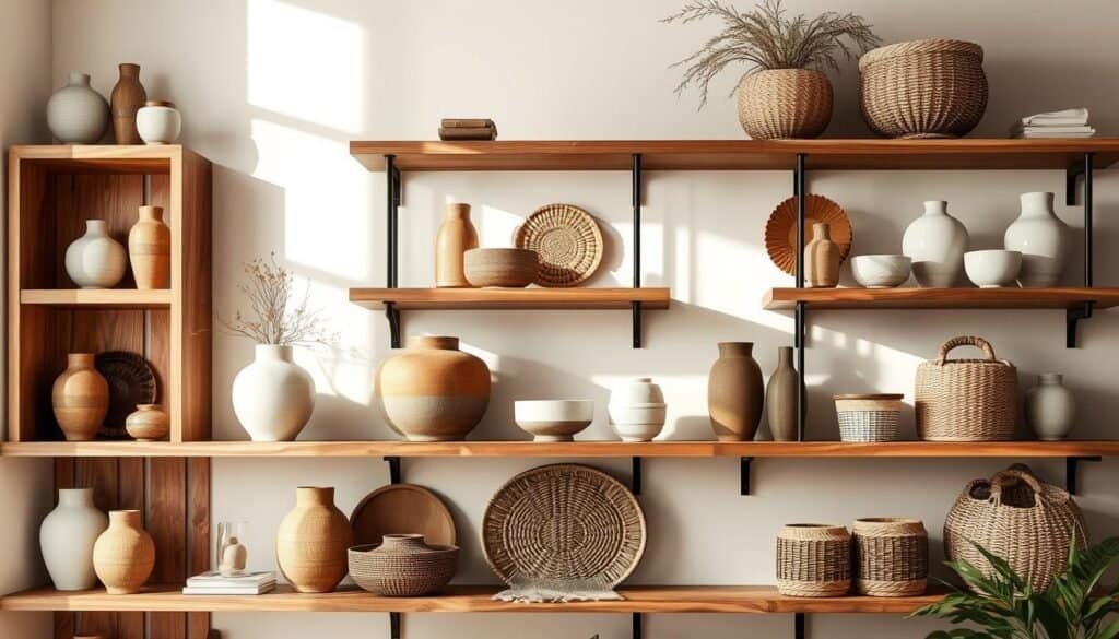 Elegant wooden shelves adorned with carefully curated accent pieces, artfully arranged against a backdrop of soft, natural lighting. A mix of textures and tones, from the smooth, polished surfaces of ceramic vases to the rustic charm of woven baskets, create a harmonious and visually-appealing display. The overall scene exudes a sense of warmth and refinement, inviting the viewer to imagine how these accent decor solutions could transform a space and breathe new life into a room.