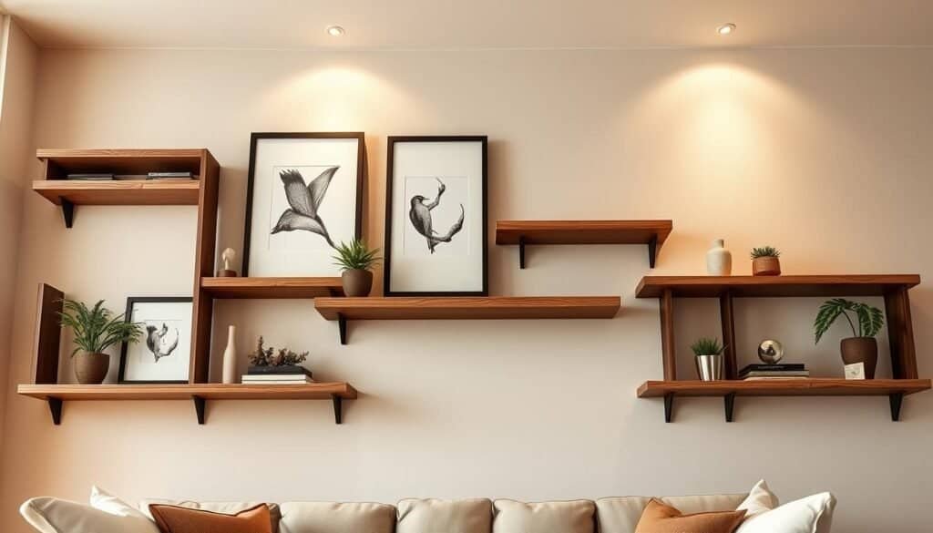 Elegant wooden shelves adorning a cozy living room. Sleek, minimalist design with natural wood grain textures. Shelves arranged in an asymmetric pattern, casting warm, directional lighting. Framed artwork, potted plants, and decorative items tastefully displayed. The shelves blend seamlessly into the neutral, earthy color palette of the room, exuding a sense of rustic sophistication. Capture the shelves from a low, angled perspective to showcase their visual appeal within the space.