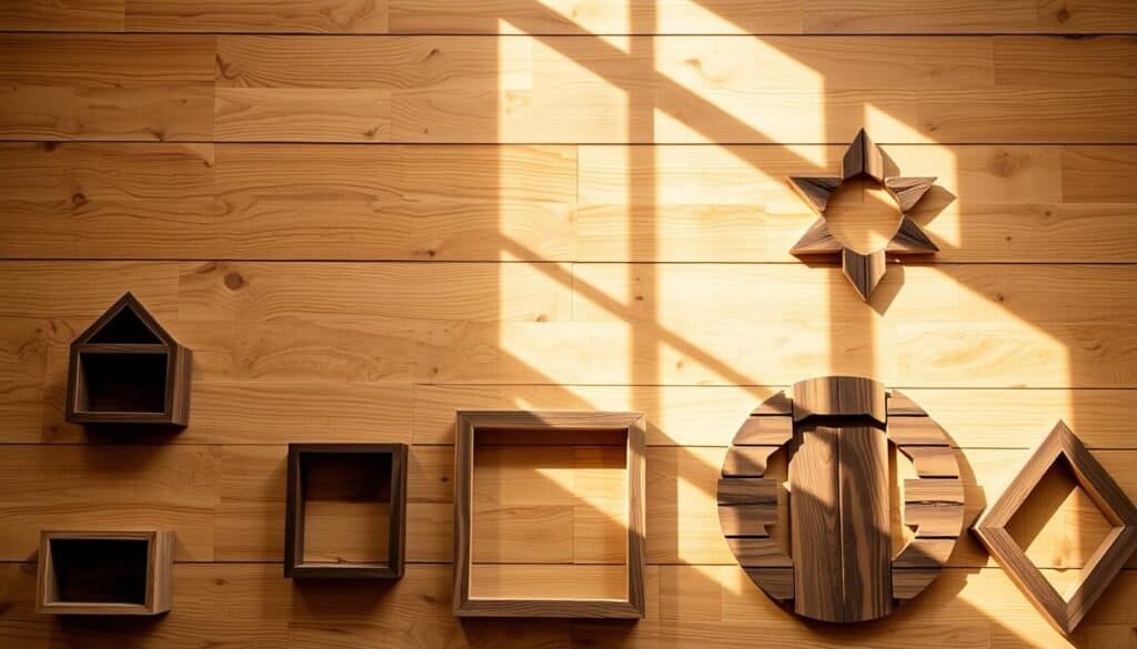 Elegant wooden wall accents, hand-crafted by the skilled artisans at The Sawdust Man. A beautifully textured background of natural wood boards, with intricate patterns and grain details. In the foreground, various rustic wall decorations come into focus - shelves, frames, and geometric shapes made from reclaimed wood. The lighting is soft and natural, casting warm shadows that add depth and dimension. The overall mood is one of cozy, inviting charm, perfect for transforming any living space into a designer-inspired retreat.