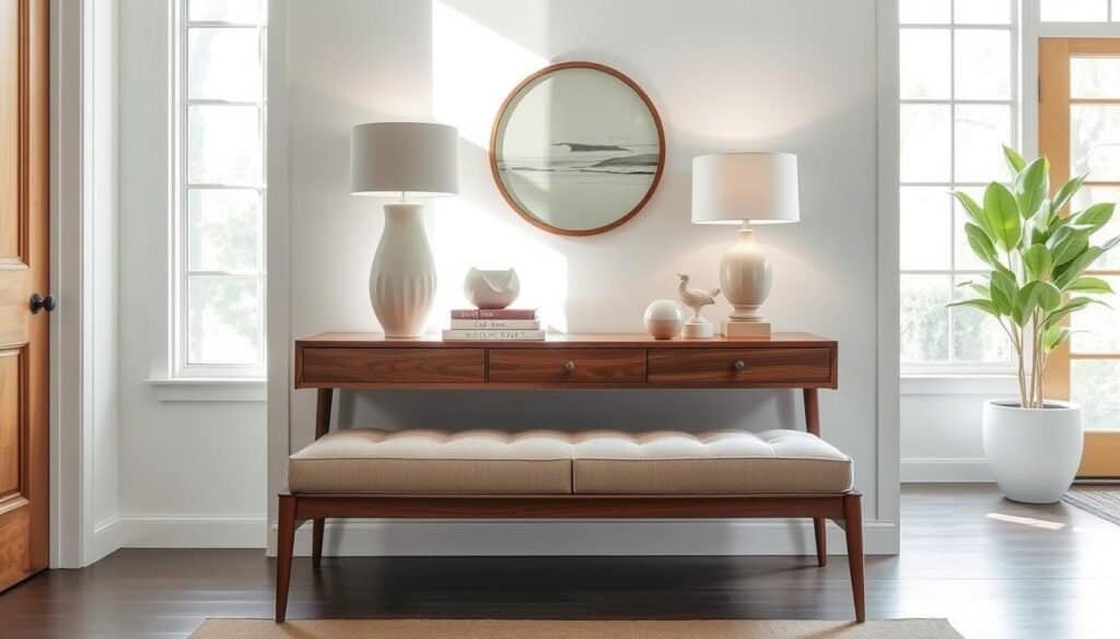 Entryway furniture, a harmonious blend of functionality and style. In a bright, airy space, a mid-century modern console table stands proudly, its sleek lines and warm wood tones complementing the surrounding decor. Atop it, a collection of carefully curated decorative accents - a sculptural ceramic vase, a stack of artfully arranged books, and a minimalist table lamp - create an inviting and visually appealing display. Beneath, a sturdy, yet elegant bench offers ample storage and seating, its plush upholstery in a complementary neutral tone. The ensemble is illuminated by natural light filtering in through large windows, casting a soft, diffused glow that enhances the overall ambiance. This entryway furniture, a harmonious symphony of form and function, effortlessly elevates the space and welcomes visitors with a sense of refined sophistication.