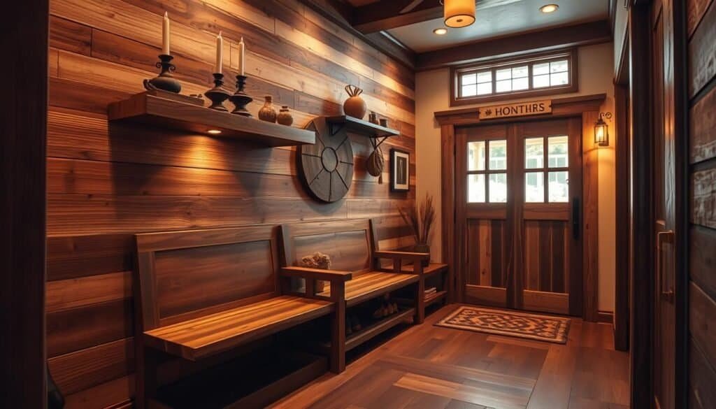Entryway with rustic wooden touches, warm ambient lighting illuminating a handcrafted bench, shelves, and accent pieces. Detailed grain patterns in the wood, natural textures and hues create a cozy, welcoming atmosphere. Soft shadows and highlights accentuate the craftsmanship. A wide-angle lens captures the depth and scale of the space, drawing the viewer into this inviting, tactile entryway. The overall mood is one of comfort, craftsmanship, and a sense of being at home.