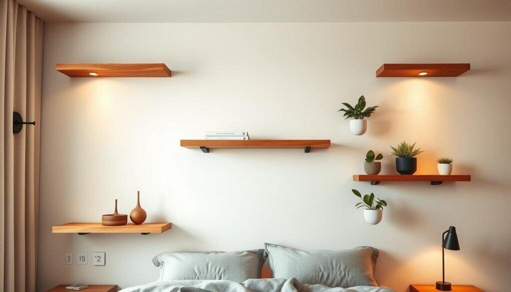 Floating wooden shelves, gracefully suspended against a softly lit bedroom wall. Warm, natural grain textures in varying shades of oak, maple, and cherry wood create a cozy, organic feel. Streamlined silhouettes with minimalist brackets allow the shelves to appear to float effortlessly, showcasing beloved decorative accents and potted plants in perfect harmony. Soft, diffused lighting from sconces and overhead fixtures casts a gentle glow, emphasizing the shelves' tactile qualities and creating an atmosphere of tranquil serenity. Camera positioned at eye level, capturing the shelves from a frontal angle to highlight their depth and dimensions within the serene bedroom setting.