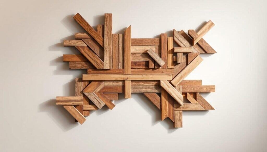 Geometric wall art composed of intricate patterns crafted from scrap wood planks. Warm, natural tones of the weathered wood create a rustic, organic feel. Varying sizes and shapes of wooden pieces arranged in a dynamic, asymmetric layout. Directional lighting casts dramatic shadows, accentuating the textures and angles. The composition fills the frame, with the wooden elements occupying the foreground and middle ground. A plain, neutral background allows the sculptural artwork to take center stage. An artful, handmade decor piece that would elevate any interior space.