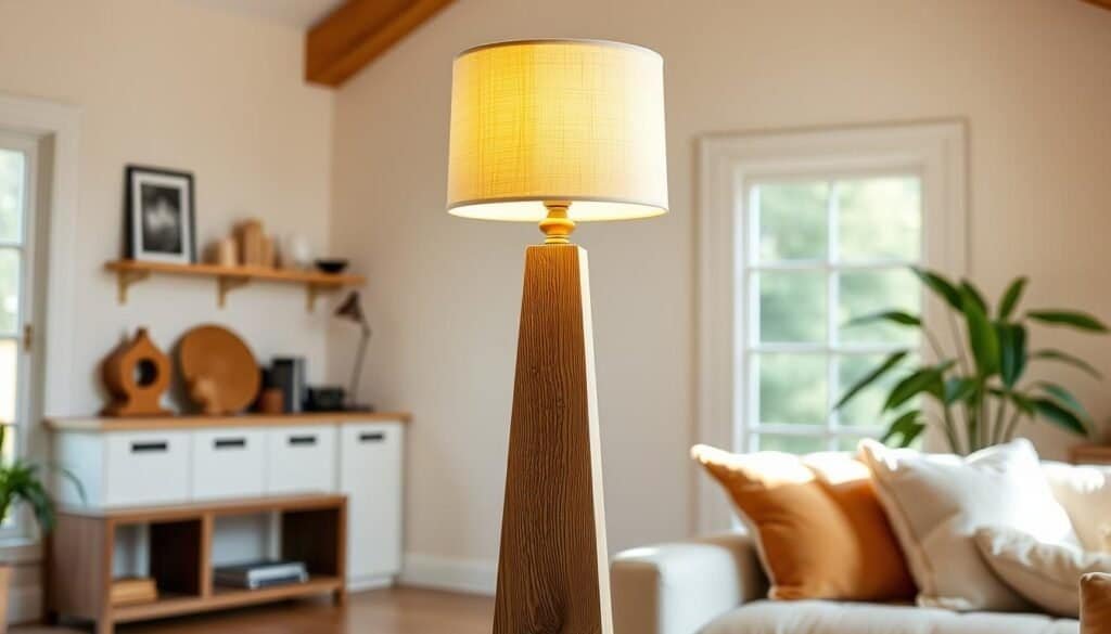 Handcrafted wooden lamp stand, the focal point of a cozy living space. Smooth, natural oak grain in a sleek, minimalist design. The Sawdust Man's creation casts a warm, ambient glow through a tasteful linen shade. Meticulously constructed with expert joinery and finished with a soft satin sheen. Brass hardware and a twisted rope accent add elegant, rustic charm. Positioned in a well-lit, airy room, this versatile lighting fixture enhances the natural beauty of its surroundings. A stunning example of craftsmanship that effortlessly blends form and function.