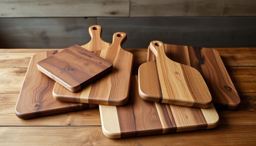 Handcrafted wooden serving boards and trays, meticulously crafted from richly grained oak, maple, and walnut. The boards feature smooth, rounded edges and a natural, distressed finish, evoking a rustic, farmhouse-inspired aesthetic. Placed atop a wooden table, the boards are arranged in an artful, asymmetrical composition, their varying shapes and sizes creating a harmonious display. Warm, soft lighting illuminates the boards, highlighting the intricate wood grain patterns and natural imperfections that give each piece its unique character. The scene radiates a cozy, inviting atmosphere, perfect for showcasing artisanal kitchen wares or serving homemade meals with a touch of understated elegance.