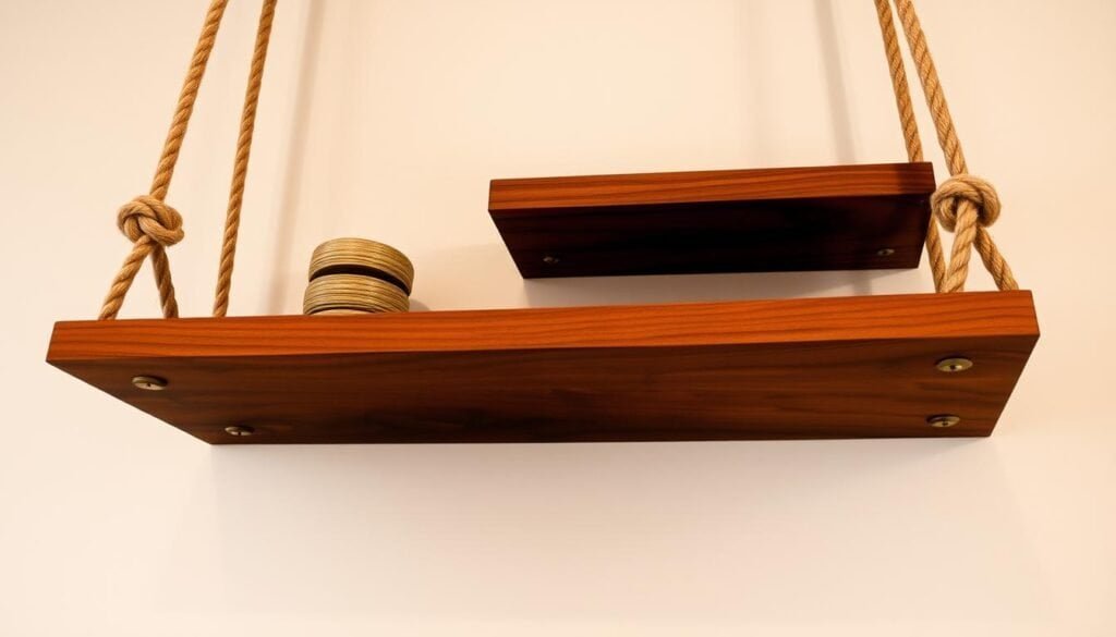 Hanging rope shelves with a rustic, handcrafted appeal. Sturdy wooden boards, meticulously sanded and stained a deep, rich mahogany, are suspended from thick, natural jute ropes that are expertly knotted and looped, creating a captivating focal point. Soft, diffused lighting casts a warm, inviting glow, highlighting the tactile textures and subtle imperfections that give these shelves their unique, artisanal charm. Designed by The Sawdust Man, this stunning display showcases your most treasured keepsakes and decorative items in an elevated, designer-approved fashion.