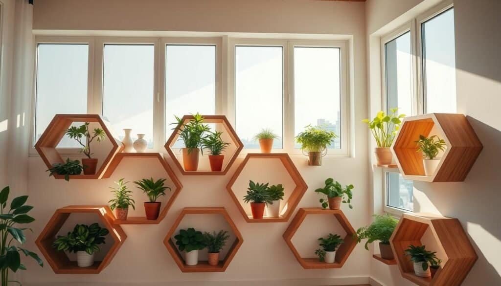 Hexagon-patterned plant shelves in a bright, airy room. Sunlight streams through large windows, casting a warm glow on the natural wood and greenery. Carefully arranged potted plants of various sizes and shapes fill each hexagonal cubby, creating a captivating, harmonious display. Subtle shadows add depth and dimension, while the clean, minimal design keeps the focus on the lush, thriving plants. A serene, inviting atmosphere perfect for showcasing a small space's greenery.