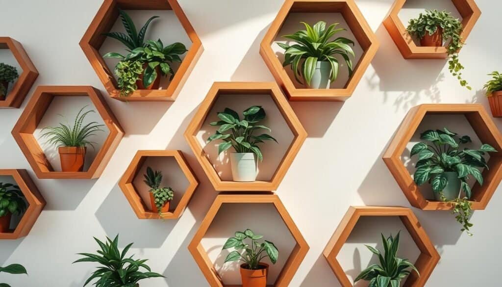 Hexagonal plant shelves showcasing an array of lush greenery, meticulously crafted from warm, natural wood tones. The geometric design creates a captivating focal point, casting intricate shadows that dance across the surfaces. Soft, diffused lighting illuminates the scene, emphasizing the tactile textures and harmonious arrangement of the potted plants. The shelves are strategically positioned to draw the eye, inviting the viewer to admire the harmonious interplay of form, function, and natural elements. This visually striking display embodies the beauty and tranquility of a thoughtfully curated plant-based décor piece.