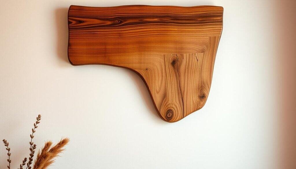 High-quality, detailed photograph of a rustic wooden wall art piece, featuring a simple yet elegant design with natural wood textures and grains. The artwork is suspended on a white wall, illuminated by warm, soft lighting that accentuates the wood's rich, organic tones. The composition showcases the craftsmanship and character of the handmade piece, with a focus on the intricate woodworking patterns and subtle variations in the wood's surface. The scene conveys a sense of natural, peaceful ambiance, suitable for a cozy, inviting home interior.