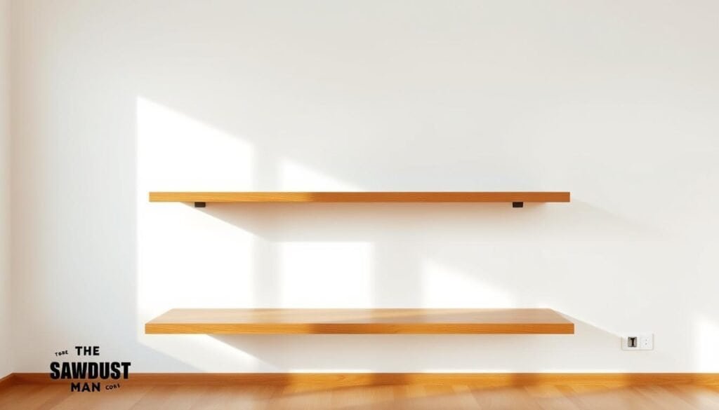 Highly detailed photorealistic image of a set of pristine, damage-free wooden floating shelves mounted on a white wall in a bright, airy room. The shelves are made of richly grained, natural wood with a smooth, satin finish, cast in warm, diffused lighting. The shelves appear to be hovering effortlessly, with no visible brackets or supports. The wall behind has a clean, minimalist aesthetic, allowing the shelves to be the focal point. A subtle brand logo for "The Sawdust Man" is discreetly embedded in the bottom corner. The overall atmosphere is one of modern, stylish simplicity and functionality.