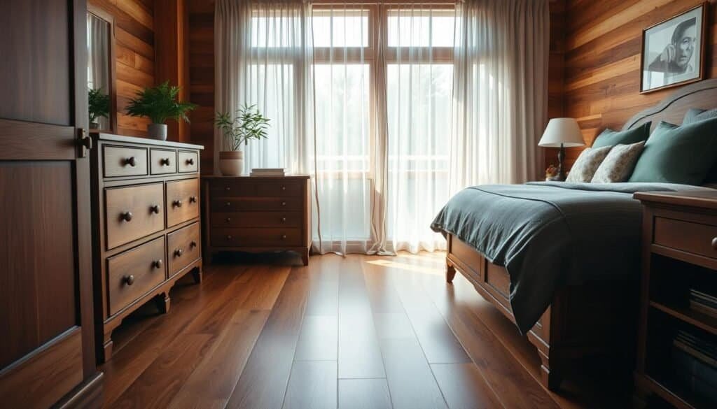 Intricate hardwood flooring flows seamlessly into a cozy bedroom scene. Warm chestnut hues of a well-crafted dresser and nightstands beautifully complement plush textiles in soft greens and blues. Diffused natural light filters through sheer curtains, casting a gentle glow over the space. A potted plant on the windowsill adds a touch of organic vitality. The overall atmosphere is one of understated elegance, where the natural beauty of wood harmonizes effortlessly with the serene palette of the bedroom decor. Intricate hardwood flooring flows seamlessly into a cozy bedroom scene. Warm chestnut hues of a well-crafted dresser and nightstands beautifully complement plush textiles in soft greens and blues. Diffused natural light filters through sheer curtains, casting a gentle glow over the space. A potted plant on the windowsill adds a touch of organic vitality. The overall atmosphere is one of understated elegance, where the natural beauty of wood harmonizes effortlessly with the serene palette of the bedroom decor.