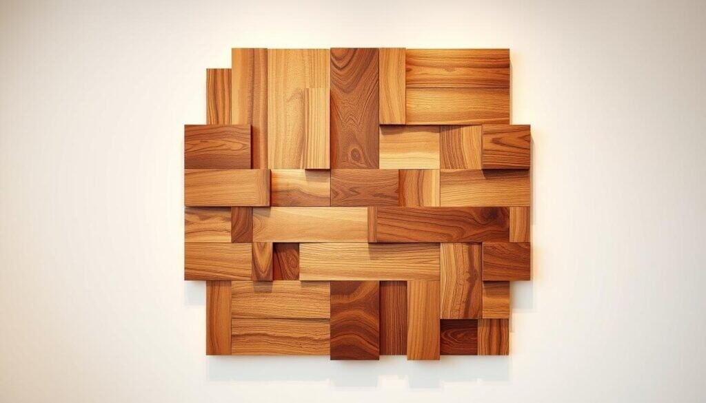 Intricate wood art wall decor, showcasing the natural beauty of various hardwood grains and textures. A striking focal point, the piece features a sleek, geometric arrangement of precisely cut and polished wooden panels, each with its own unique pattern and color tone. Bathed in warm, directional lighting that accentuates the depth and tactile quality of the wood, the artwork casts a soft, inviting glow, creating a serene and sophisticated ambiance. Mounted on a pristine white wall, the wood art seamlessly blends modern minimalism with rustic charm, making it a captivating centerpiece for any contemporary living space.