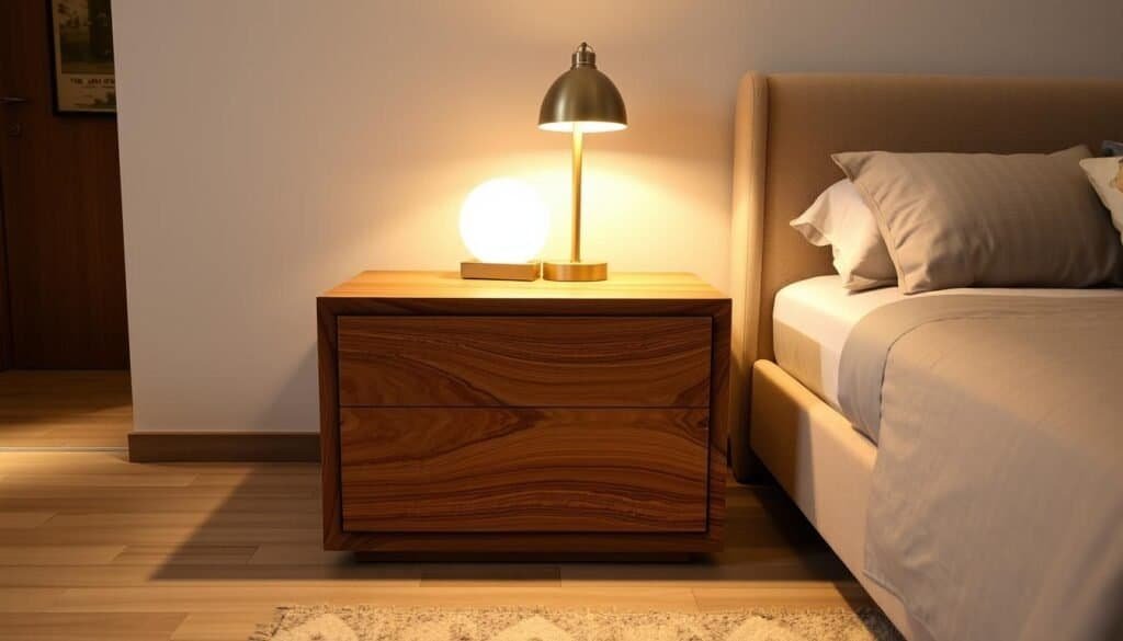 Intricate wooden nightstand in a modern, minimalist bedroom. Refined crafted piece by "The Sawdust Man", showcasing the natural beauty of the wood grain. Warm lighting from a table lamp casts a soft glow, creating a cozy, inviting atmosphere. The nightstand features clean lines, a smooth surface, and subtle details that elevate the design. Positioned next to a plush, upholstered bed, it seamlessly blends functionality and style, reflecting the charm of wooden furniture in a contemporary setting.