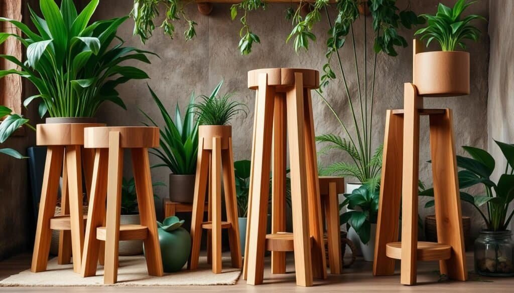 Intricate wooden plant stands in a cozy, natural setting. Varying heights and shapes of sturdy, handcrafted stands made from warm-toned hardwood. Thoughtfully arranged against a backdrop of lush greenery, soft lighting, and a rustic, earthy atmosphere. Detailed textures of the wood grain and carefully sanded surfaces. Angles and perspectives that showcase the simplistic beauty and functional design of these versatile home decor pieces. A serene, inviting mood that inspires the viewer to imagine these plant stands as the perfect complement to a peaceful, plant-filled living space.