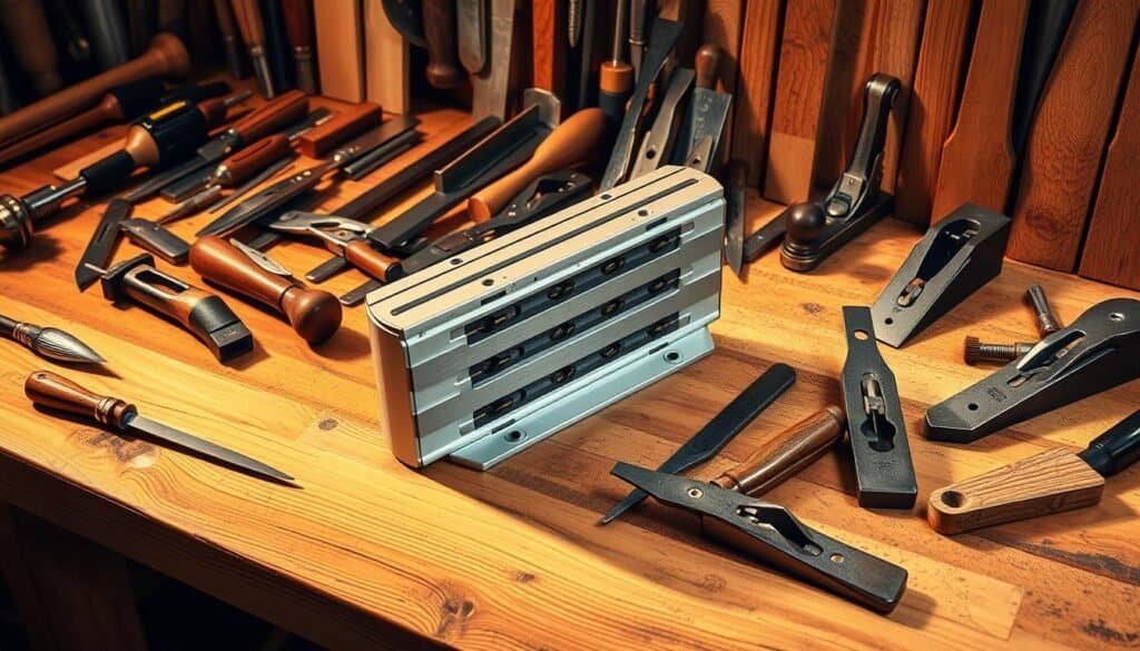 Kreg Jig and an assortment of professional-grade woodworking tools arranged on a rustic wooden workbench. The Kreg Jig, with its distinctive stepped drill guides, takes center stage, surrounded by a variety of chisels, hand planes, clamps, and other precision instruments. Warm, directional lighting casts dramatic shadows, highlighting the textures and finishes of the tools. The scene is captured from a slightly elevated angle, conveying a sense of craftsmanship and attention to detail. The overall composition emphasizes the essential role these specialized tools play in creating high-quality woodworking projects.
