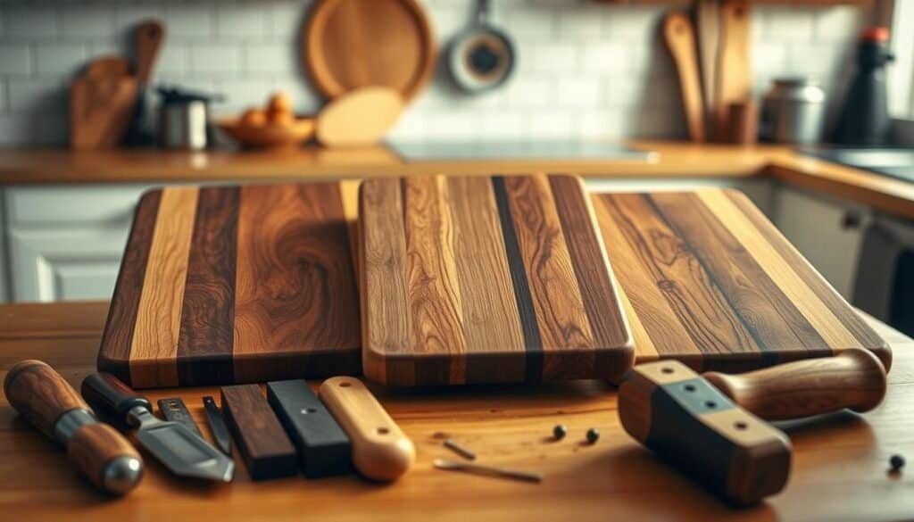 Meticulously crafted wooden cutting boards, the epitome of rustic charm, gracefully positioned on a natural wood surface. Warm, soft lighting illuminates the rich grain patterns and smooth, sanded edges, showcasing the impeccable workmanship of "The Sawdust Man". Neatly arranged, an array of essential woodworking tools - chisels, sanders, and a hand-crafted mallet - hint at the skilled labor that went into these one-of-a-kind creations. In the background, a cozy, minimalist kitchen setting provides the perfect backdrop, allowing the cutting boards to take center stage as functional works of art.