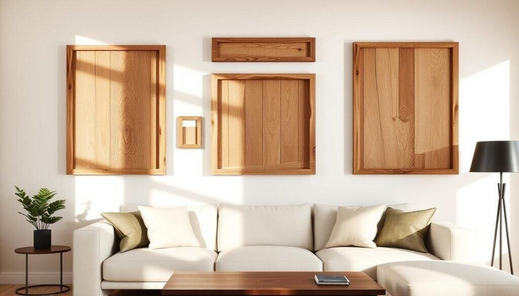 Minimalist reclaimed wood frames in a contemporary living room setting. Soft natural lighting illuminates the textured, weathered wood surfaces, creating a warm and inviting ambiance. The frames are arranged in a clean, symmetrical layout, complementing the sleek, minimalist decor. The frames showcase a variety of shapes and sizes, ranging from simple rectangles to more unique geometric designs. The wood tones vary from light to dark, adding depth and visual interest. The frames are mounted on a neutral-colored wall, allowing the natural beauty of the wood to take center stage. The overall composition exudes a sense of refined simplicity and understated elegance.