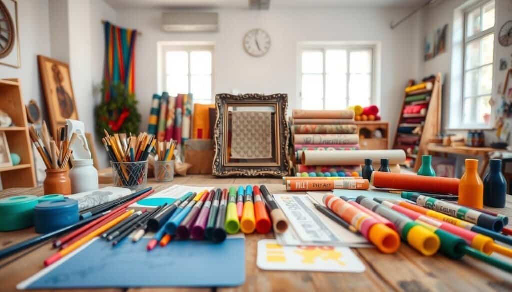 Neatly arranged array of vibrant DIY wall art supplies on a rustic wooden table. Foreground features an assortment of paint brushes, acrylic paints, stencils, and artist markers in various colors. Midground showcases an ornate wooden frame, rolls of colorful fabric, and spools of embroidery thread. Background depicts a well-lit, airy studio space with natural lighting filtering through large windows. The overall scene conveys a sense of creativity, inspiration, and the boundless possibilities for crafting unique wall decor. Neatly arranged array of vibrant DIY wall art supplies on a rustic wooden table. Foreground features an assortment of paint brushes, acrylic paints, stencils, and artist markers in various colors. Midground showcases an ornate wooden frame, rolls of colorful fabric, and spools of embroidery thread. Background depicts a well-lit, airy studio space with natural lighting filtering through large windows. The overall scene conveys a sense of creativity, inspiration, and the boundless possibilities for crafting unique wall decor.