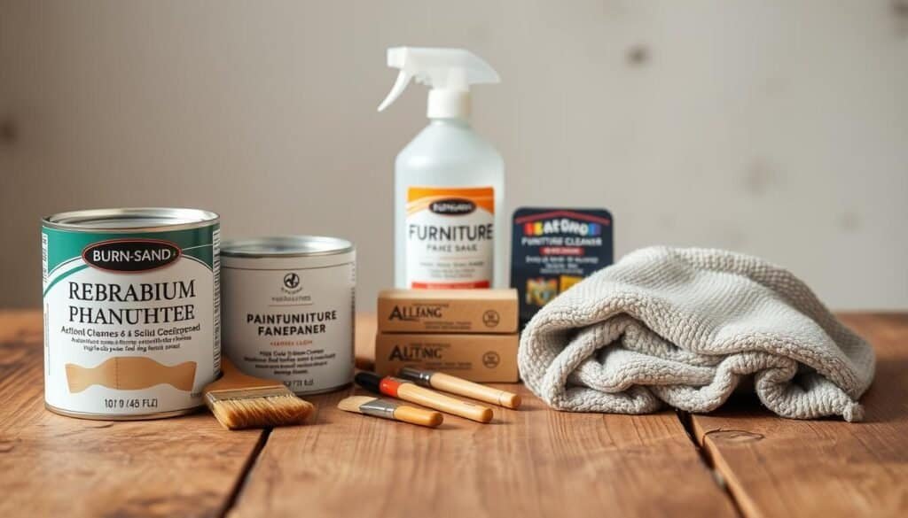 Neatly arranged on a rustic wooden surface, an assortment of no-sand furniture makeover supplies stands ready. In the foreground, a can of furniture refinishing wax, a set of high-quality paint brushes, and a plush microfiber cloth capture the light with a subtle sheen. In the middle ground, a bottle of all-in-one furniture cleaner and a small sanding block hint at the effortless transformation to come. The background is softly blurred, allowing the essential tools to take center stage in a warm, inviting composition that evokes the satisfaction of a quick, no-fuss furniture refresh.