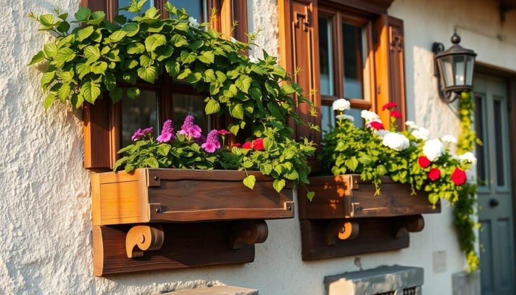 Ornate wooden window box planters adorning a cozy, well-weathered cottage façade. Lush greenery and vibrant flowers spill over the sturdy, handcrafted wooden frames, casting warm, natural shadows in the soft, golden afternoon light. The planter boxes are meticulously crafted from rich, textured wood, with subtle distressing and elegant scrollwork detailing. The overall scene exudes a sense of rustic charm and inviting curb appeal, perfectly capturing the essence of a classic, homemade wooden window box display.