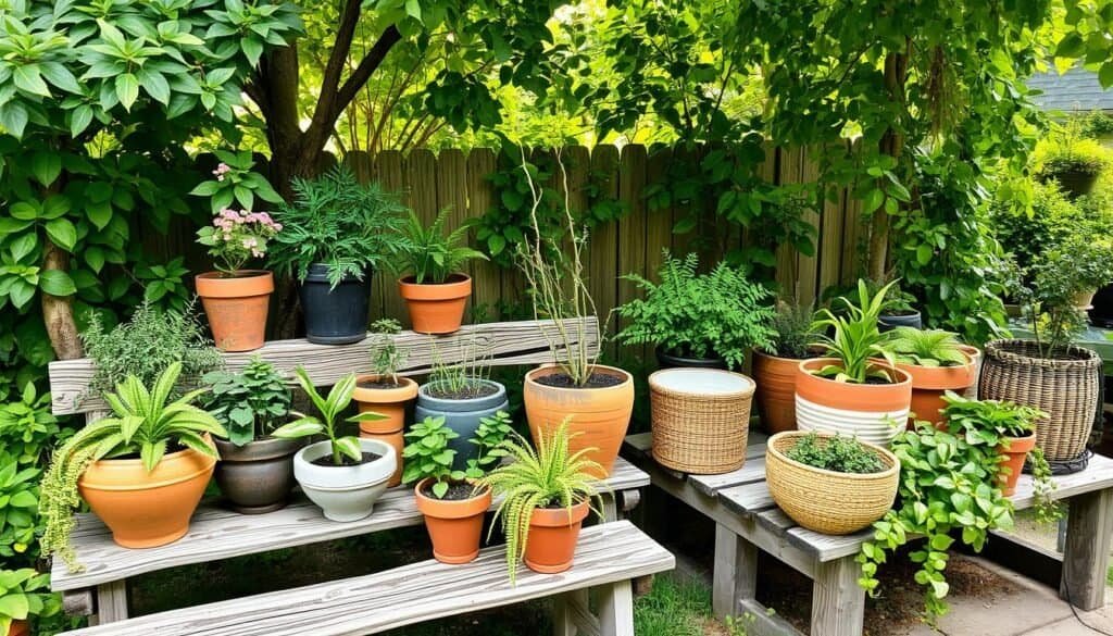 Outdoor pots and planters arranged on weathered wooden benches, showcasing The Sawdust Man's handcrafted naturalistic designs. A verdant backyard oasis, soft natural light filters through the canopy of lush foliage. Terracotta, concrete, and woven planters in varying shapes and sizes, filled with thriving plants that spill over the edges. The scene evokes a sense of tranquility and rustic charm, complementing the wooden benches and creating a relaxing backyard nook. A wide, high-angle shot captures the full composition, emphasizing the harmonious blend of natural elements.