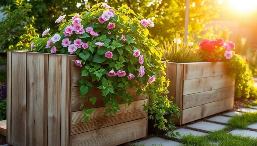 Outdoor wood planter boxes with a rustic, handcrafted aesthetic, situated in a picturesque garden setting. The planters are made from weathered, reclaimed wood planks, showcasing the natural grain and texture. Lush, flowering plants spill over the sides, creating a vibrant, cascading effect. Warm, golden sunlight filters through the leaves, casting soft shadows and highlighting the organic, earthy tones. The scene conveys a sense of tranquility and DIY charm, inviting the viewer to imagine the pleasure of crafting and displaying these practical yet beautiful wooden planters.