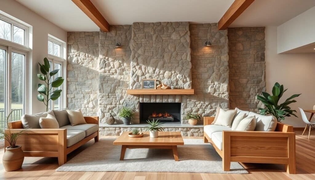 Pairing light oak wood furnishings with a rugged natural stone fireplace surround. A cozy living room scene with soft, diffused lighting filtering through large windows. The textures of the wood grain and stone create a harmonious, organic aesthetic. The layout features a low-profile coffee table, plush area rug, and potted plants to complete the serene, nature-inspired ambiance. Captured with a wide-angle lens to emphasize the spacious, open-concept design.