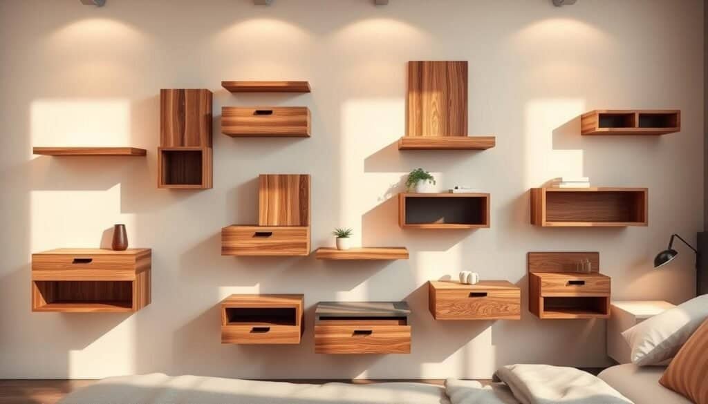 Photorealistic floating nightstands in various modern and rustic styles, expertly crafted from high-quality wood. A well-lit, inviting scene showcasing a diverse collection, including sleek minimalist designs, natural wood-grain pieces, and wall-mounted options with integrated shelving. Warm lighting casts gentle shadows, highlighting the textures and grains of the materials. The nightstands are presented from a slightly elevated angle, allowing the viewer to appreciate the thoughtful design and construction details. No text or branding, just a harmonious display of high-quality home furnishings.