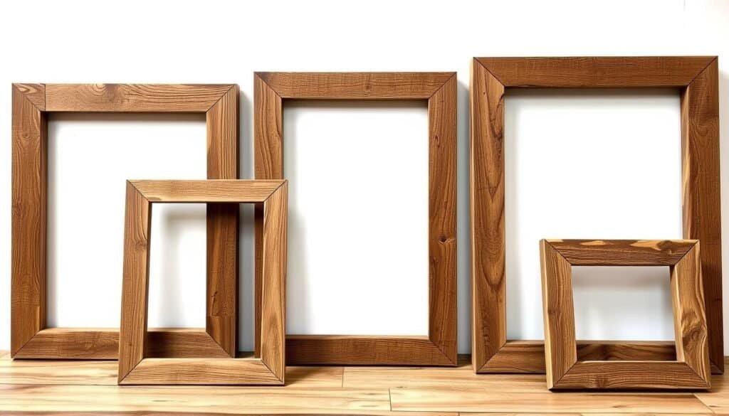 Rustic barnwood frames in natural lighting, showcasing the beautiful weathered texture and warm tones of reclaimed wood. The frames are arranged in a visually appealing composition, with varied sizes and orientations, creating depth and visual interest. The lighting is soft and diffused, casting gentle shadows that accentuate the unique character of the wood. The background is a simple, neutral setting that allows the frames to be the focal point, complementing the farmhouse-inspired aesthetic. The overall mood is cozy, inviting, and celebrates the rustic charm of these handcrafted wooden frames.