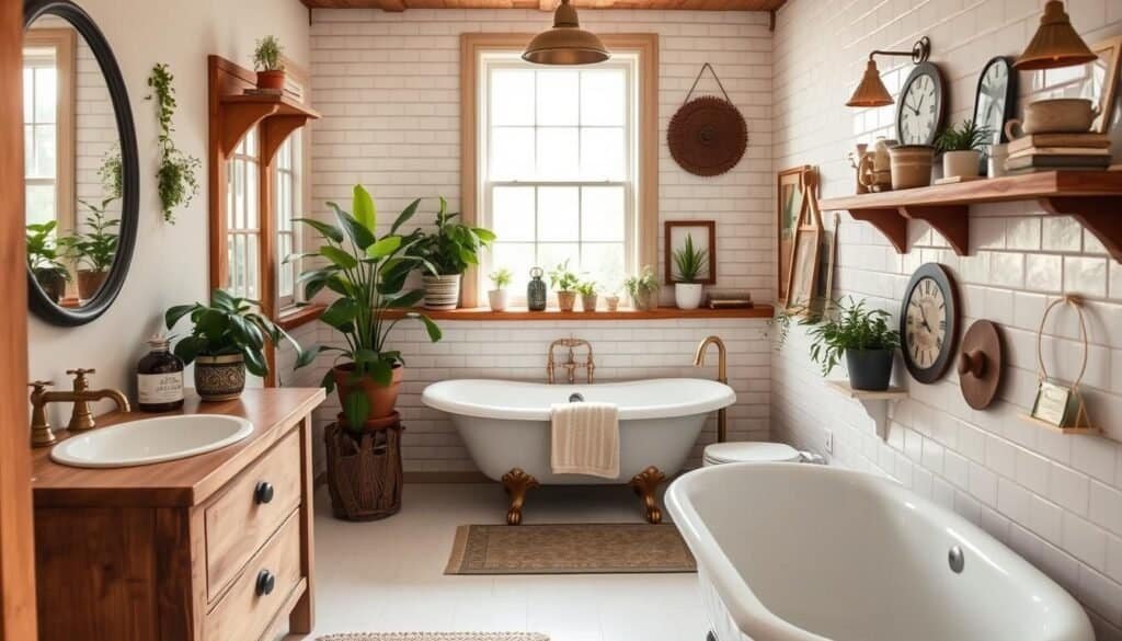 Rustic bathroom interior, natural wood vanity and shelving, white subway tile walls, claw-foot tub, antique brass fixtures, lush potted plants, soft natural lighting from windows, warm neutral color palette, vintage-inspired decor, cozy and inviting atmosphere, showcasing unique display elements that capture the owner's personality.