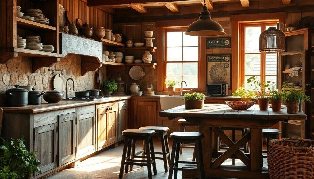Rustic farmhouse kitchen with warm, natural lighting. Weathered wooden cabinets and shelves displaying antique dishware, cast iron cookware, and handcrafted ceramics. Textured stone backsplash complements the aged wood elements. Worn leather stools tucked under a sturdy, distressed wood table. Sunlight streams through a large window, casting a soft glow on the scene. Potted herbs, a woven basket, and a vintage-inspired pendant lamp add cozy, inviting touches. The overall atmosphere is one of comforting, lived-in charm.