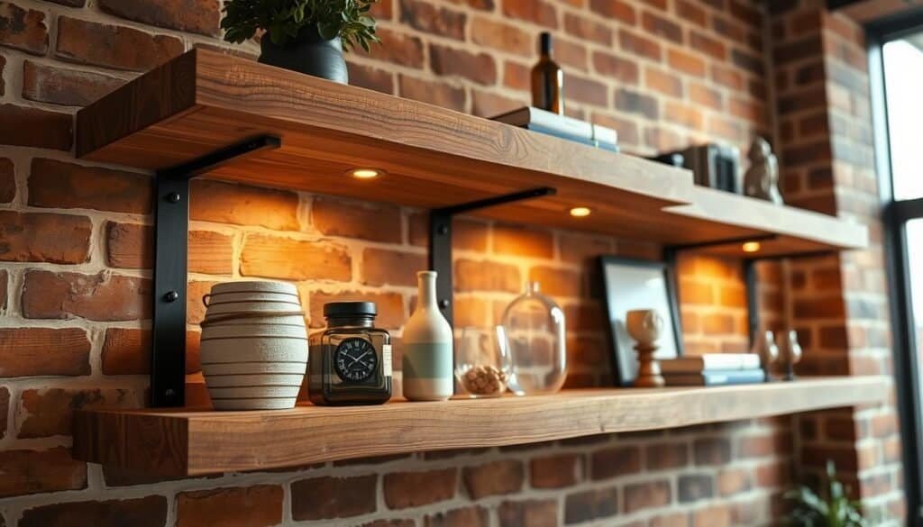 Rustic floating shelves crafted from premium oak, showcasing the natural grain and weathered texture. The Sawdust Man's design features sleek metal brackets seamlessly integrated, creating a harmonious blend of industrial and organic elements. Warm, directional lighting casts a soft glow, highlighting the shelves' sturdy construction and highlighting the carefully curated décor items displayed. The shelves are positioned against a backdrop of exposed brick walls, adding to the cozy, inviting ambiance. The overall scene evokes a sense of casual elegance, perfect for bringing a touch of rustic charm to any living space.