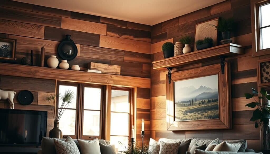 Rustic reclaimed wood shelves and decor adorning a cozy, well-lit living room. Warm, natural light filters through large windows, casting a soft glow over the weathered wooden accents. Artfully arranged vases, candles, and small potted plants accentuate the textured, earthy tones. In the foreground, a reclaimed wood picture frame hangs on the wall, showcasing a tranquil landscape painting. The overall atmosphere evokes a sense of timeless, understated elegance and a connection to nature.