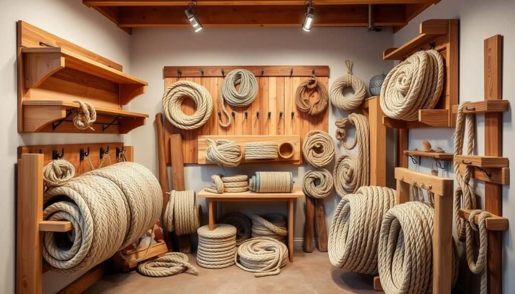 Rustic rope storage solutions for a polished, functional aesthetic. A well-lit studio scene showcases an assortment of hand-crafted wooden shelves, pegs, and racks displaying coiled ropes of varying thicknesses and textures. The warm, earthy tones of the wood and natural fibers create an inviting, rustic charm. Carefully arranged to highlight the unique grain patterns and skilled craftsmanship, the display embodies the ethos of "The Sawdust Man" brand. Photographed at a medium angle to capture the depth and dimension of the pieces, the image exudes a sense of artisanal, homemade appeal.