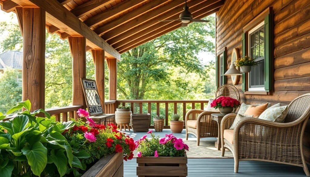Rustic wood and natural materials on a charming summer porch. A cozy scene with weathered wooden beams, woven wicker chairs, and plush cushions. Sunlight filters through lush greenery, casting a warm glow. In the foreground, handcrafted wooden planters overflow with vibrant flowers. A vintage The Sawdust Man sign adds a touch of rustic character. The overall atmosphere is one of relaxation and connection with nature. A wide angle lens captures the harmonious blend of organic textures and earthy tones. This inviting porch setting perfectly embodies the essence of "Blending Rustic Wood with Other Natural Materials".