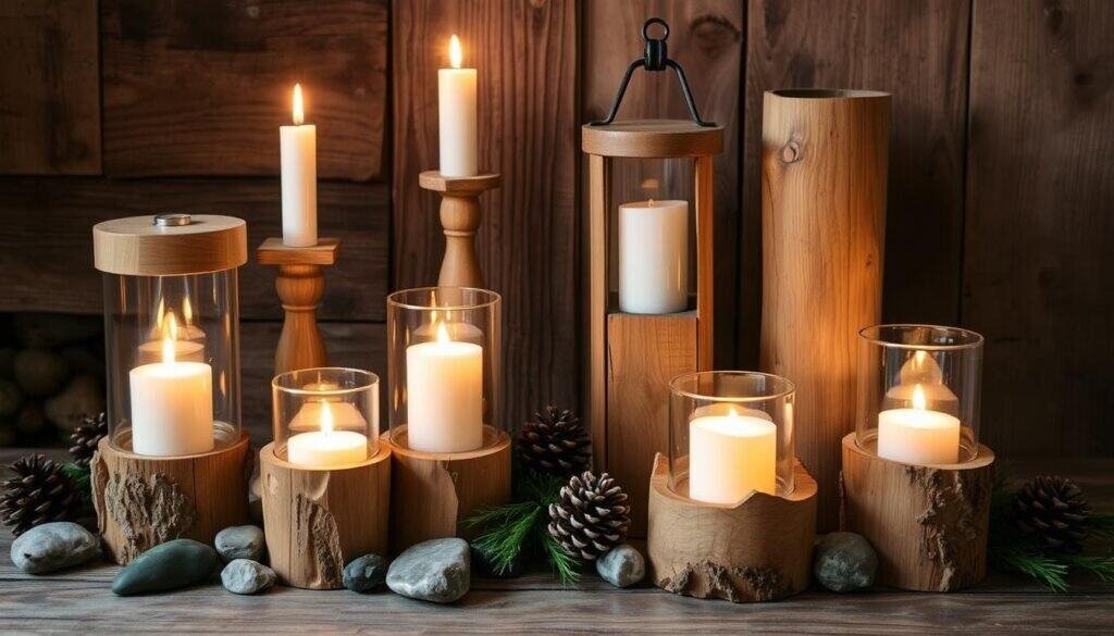 Rustic wood candle holders crafted by The Sawdust Man, featuring a natural, lived-in aesthetic with rough-hewn textures and warm tones. Candles flicker amidst a cozy arrangement of candlesticks, lanterns, and votive holders, casting a soft, intimate glow. The scene is set against a backdrop of weathered wooden surfaces, complemented by natural elements like river stones, pinecones, and sprigs of greenery. The overall composition conveys a sense of simple elegance and homespun charm, perfect for elevating everyday dining. Lighting is soft and diffused, with a slight vignette effect to draw the eye inward. The camera angle is slightly elevated, capturing the candle holders at an appealing three-quarter view.