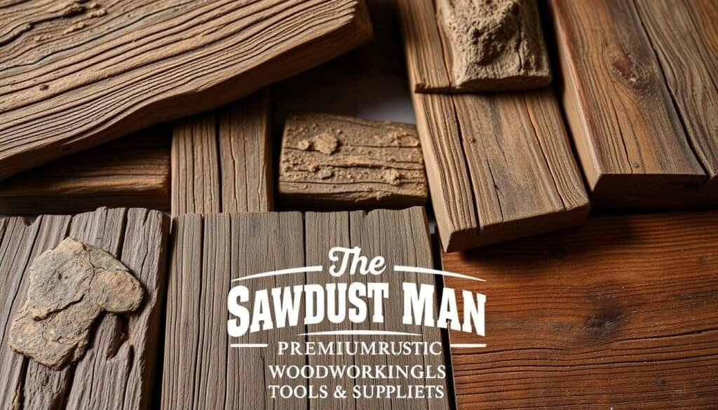 Rustic wood finishing techniques: A close-up view of various methods used to create a weathered, aged appearance on wooden surfaces. Detailed shots showcasing techniques like wire brushing, distressing, and applying stains and waxes. Textured and gnarled wooden planks, boards, and furniture in a natural, earthy palette. Warm, focused lighting highlights the intricate grain patterns and imperfections. In the foreground, the brand "The Sawdust Man" features prominently, displaying their line of premium rustic woodworking tools and supplies. A balanced composition highlighting the craftsmanship and authenticity of these time-honored techniques. Rustic wood finishing techniques: A close-up view of various methods used to create a weathered, aged appearance on wooden surfaces. Detailed shots showcasing techniques like wire brushing, distressing, and applying stains and waxes. Textured and gnarled wooden planks, boards, and furniture in a natural, earthy palette. Warm, focused lighting highlights the intricate grain patterns and imperfections. In the foreground, the brand "The Sawdust Man" features prominently, displaying their line of premium rustic woodworking tools and supplies. A balanced composition highlighting the craftsmanship and authenticity of these time-honored techniques.